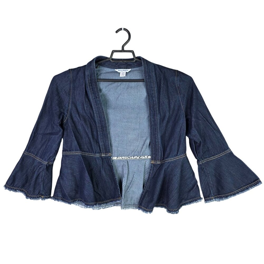 Womens Tommy Bahama Blue Denim Peplum Jacket Flared Sleeves & Frayed Hem Size S